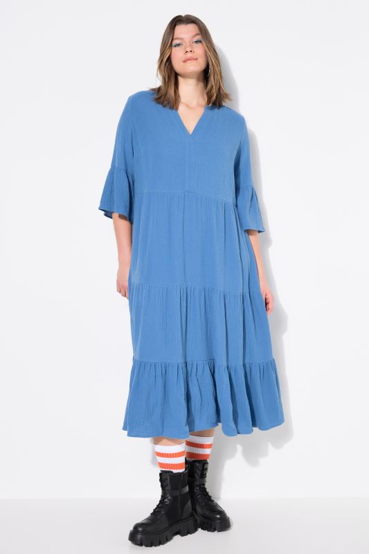 Maxi dress, A-line, muslin, stand-up collar, flounces, 3/4 sleeves