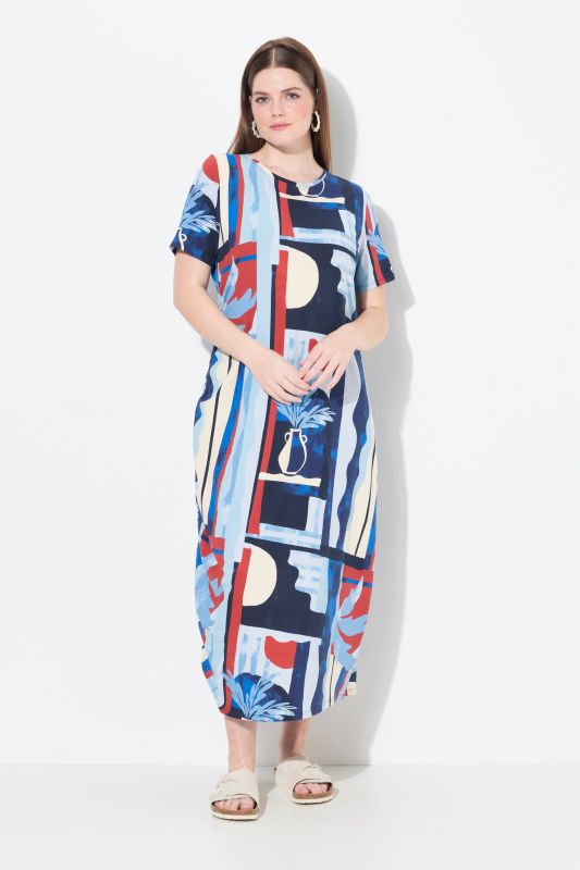 Eco Cotton Abstract Palm Print Short Sleeve Dress