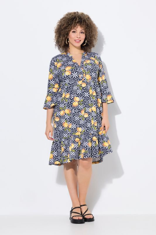 Printed Flounce Panel 3/4 Sleeve Dress
