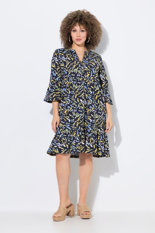 Printed Flounce Panel 3/4 Sleeve Dress