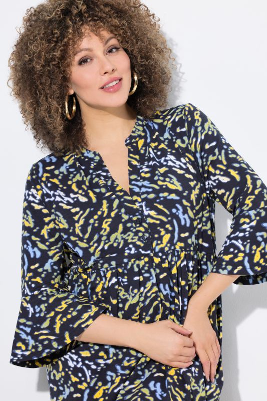 Printed Flounce Panel 3/4 Sleeve Dress