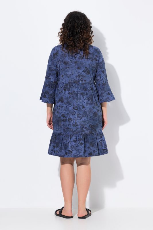 Printed Flounce Panel 3/4 Sleeve Dress