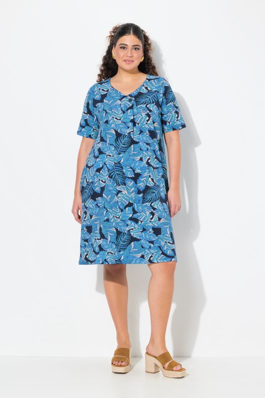 Tropical Leaf Print Short Sleeve Jersey Dress