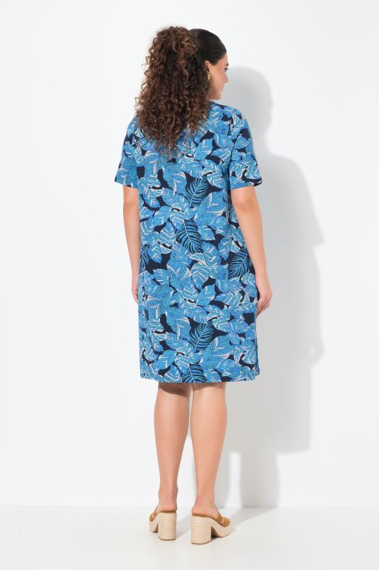 Tropical Leaf Print Short Sleeve Jersey Dress