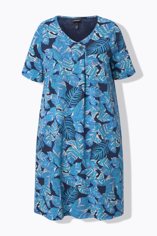 Tropical Leaf Print Short Sleeve Jersey Dress