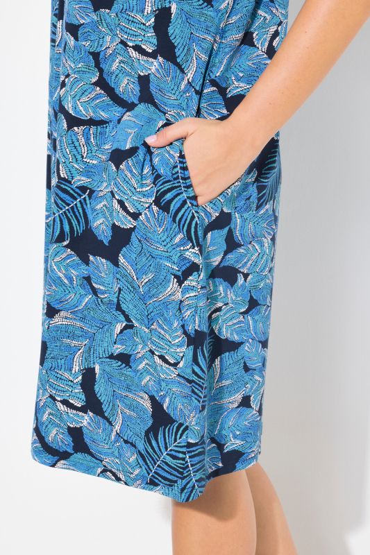 Tropical Leaf Print Short Sleeve Jersey Dress