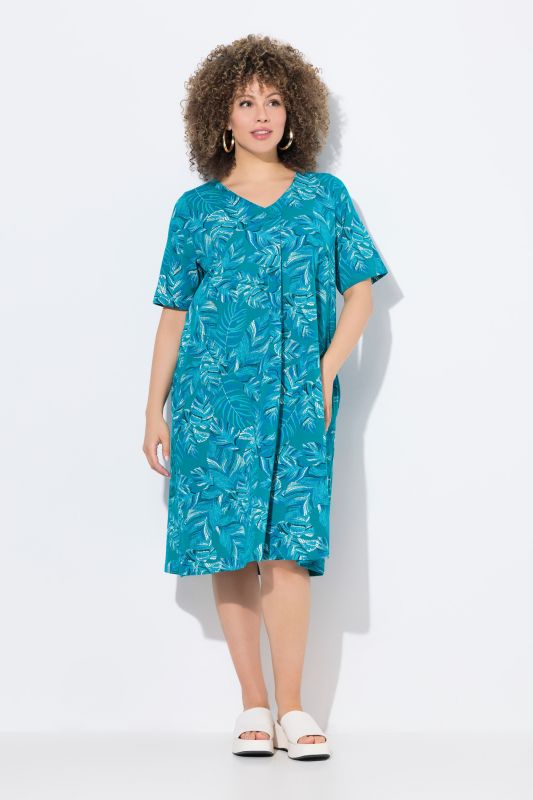 Tropical Leaf Print Short Sleeve Jersey Dress