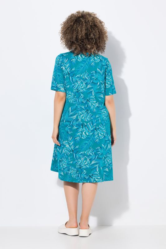 Tropical Leaf Print Short Sleeve Jersey Dress