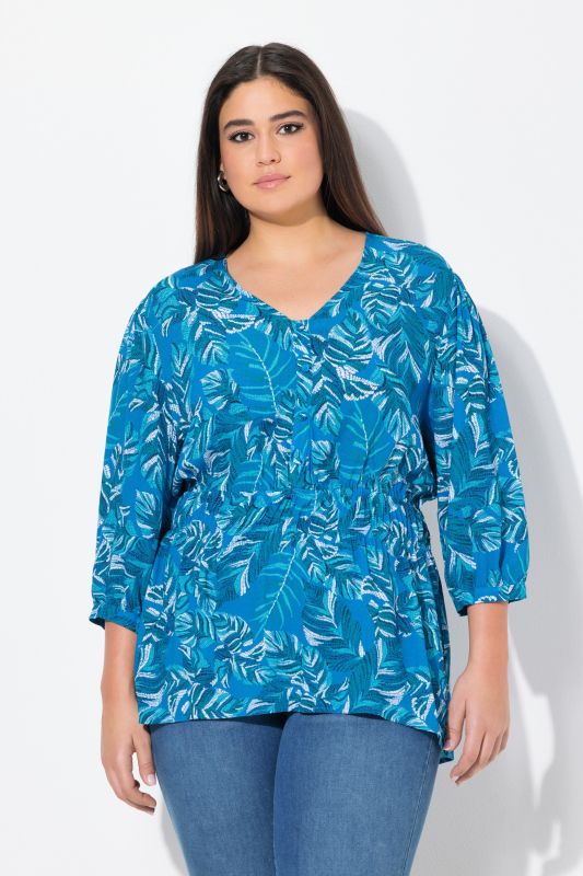 Tropical Leaf Print Elastic Waist Blouse
