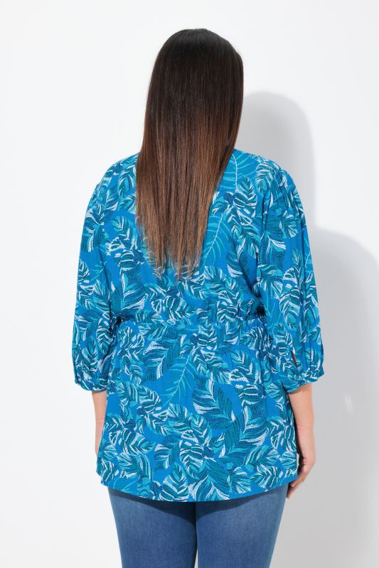 Tropical Leaf Print Elastic Waist Blouse
