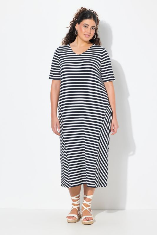 Mixed Stripe Short Sleeve Gore Panel Midi Dress