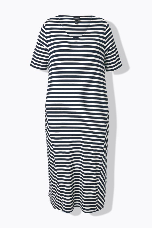 Mixed Stripe Short Sleeve Gore Panel Midi Dress