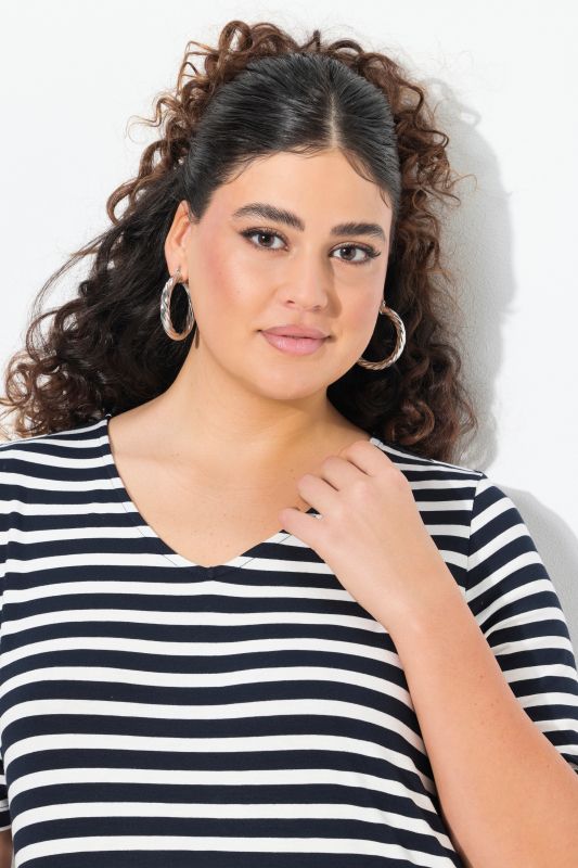 Mixed Stripe Short Sleeve Gore Panel Midi Dress