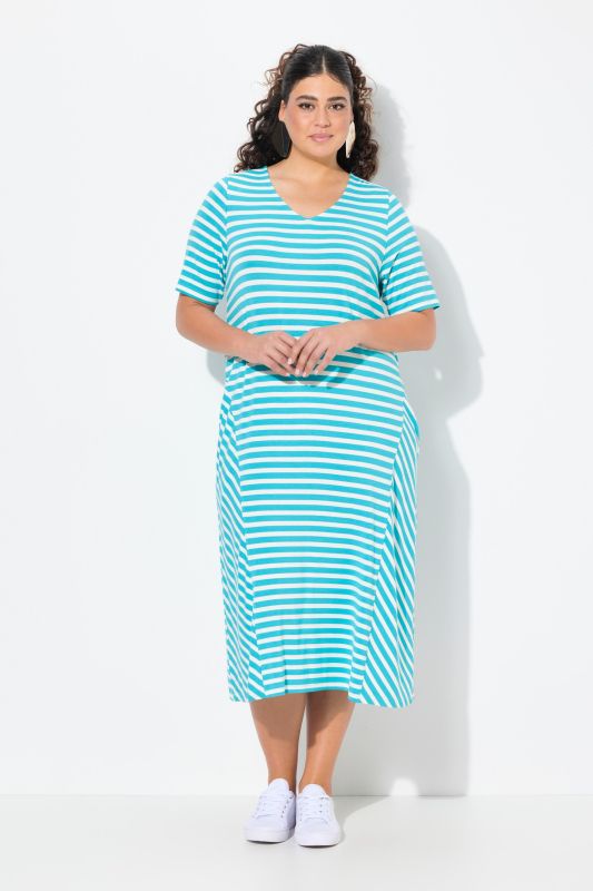 Mixed Stripe Short Sleeve Gore Panel Midi Dress