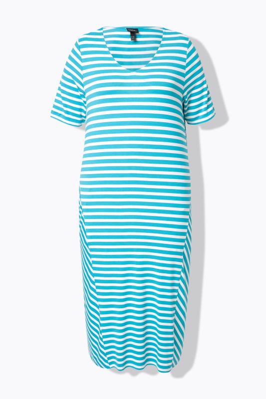 Mixed Stripe Short Sleeve Gore Panel Midi Dress