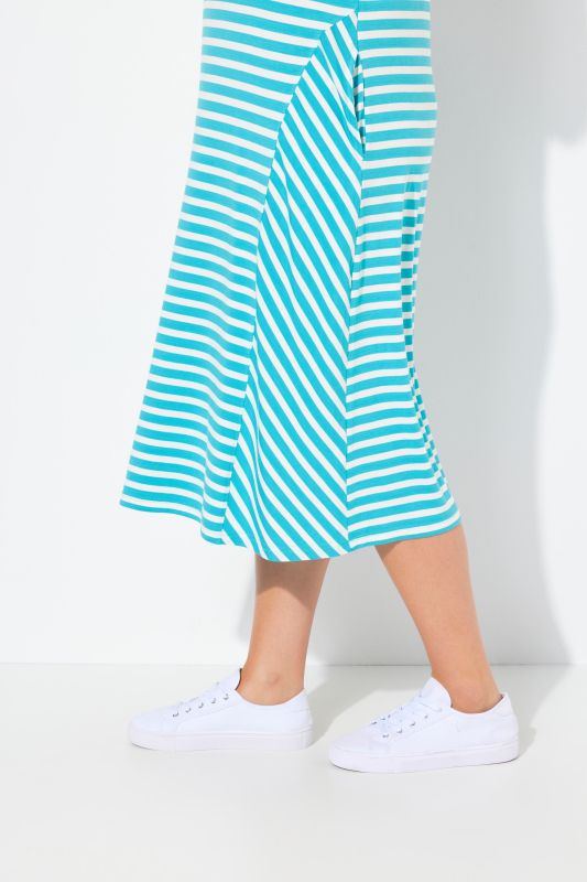 Mixed Stripe Short Sleeve Gore Panel Midi Dress