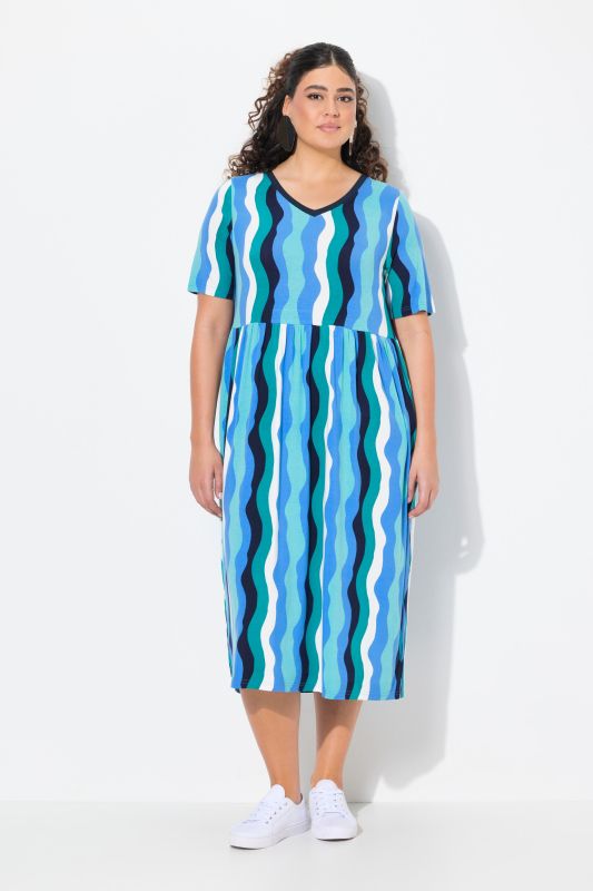 Wave Print Short Sleeve V-Neck Dress