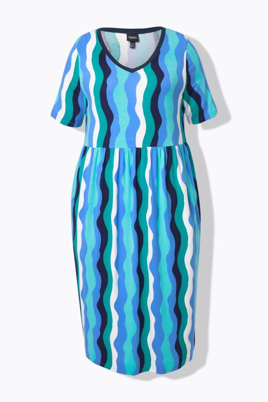 Wave Print Short Sleeve V-Neck Dress