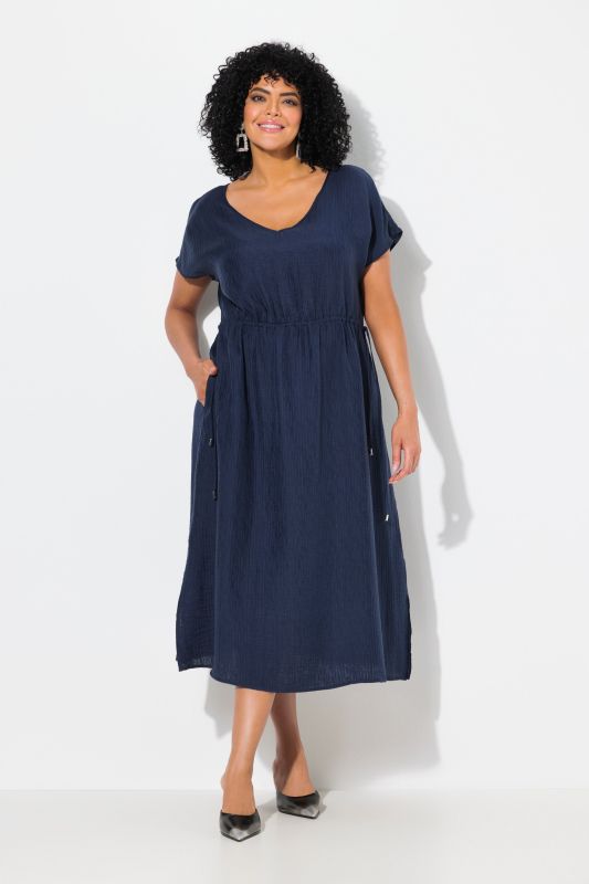 Drawstring Waist Cap Sleeve V-Neck Dress