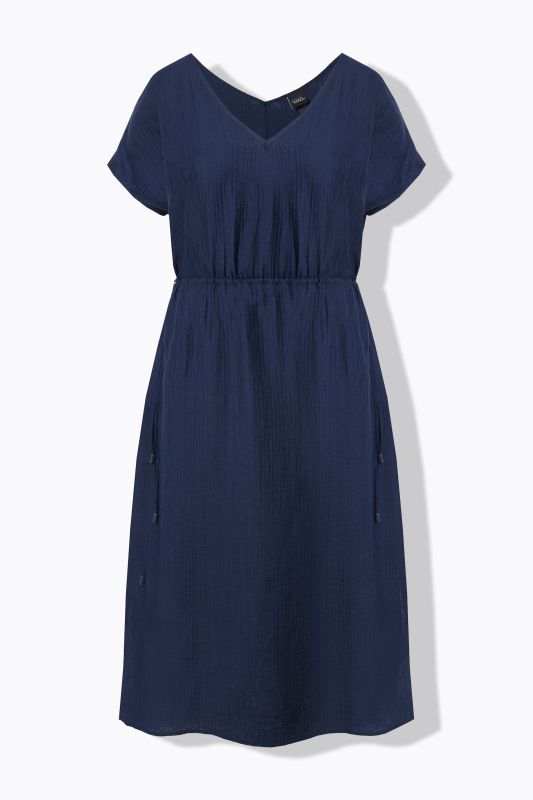 Drawstring Waist Cap Sleeve V-Neck Dress