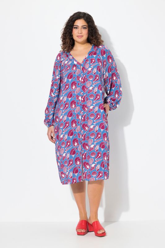 Seashell Print Balloon Sleeve Button Down Dress