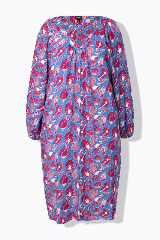Seashell Print Balloon Sleeve Button Down Dress