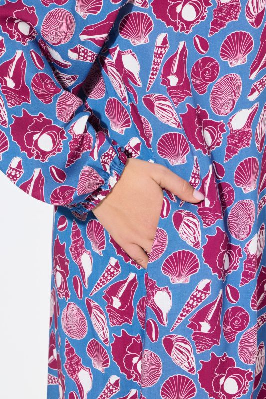 Seashell Print Balloon Sleeve Button Down Dress