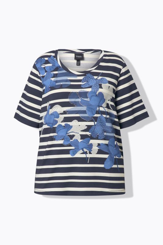 Striped Short Sleeve Flower Graphic Tee