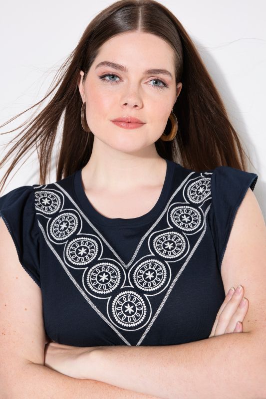 Eco Cotton Geometric Embroidered Cap Sleeve Tee