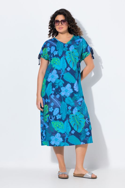 Tropical Leaf Print Cap Sleeve Dress