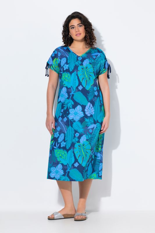 Tropical Leaf Print Cap Sleeve Dress