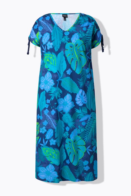 Tropical Leaf Print Cap Sleeve Dress