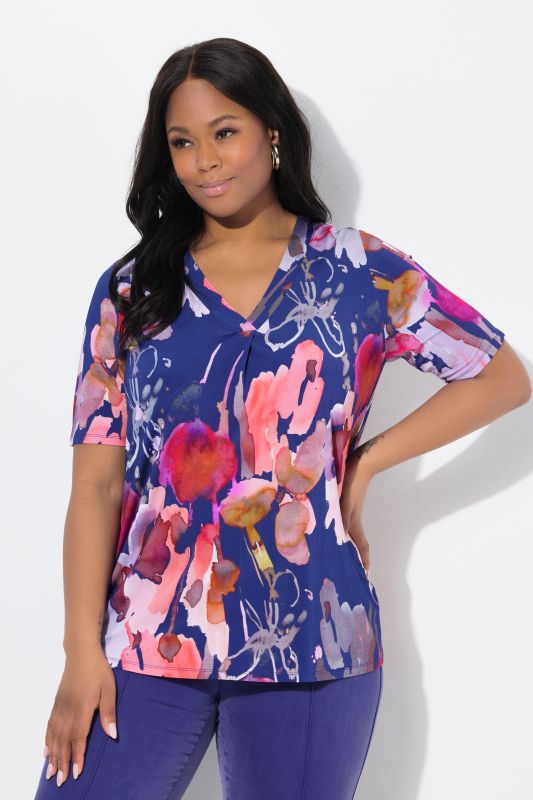 Watercolor Floral Short Sleeve V-Neck Slinky Blouse