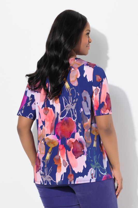 Watercolor Floral Short Sleeve V-Neck Slinky Blouse