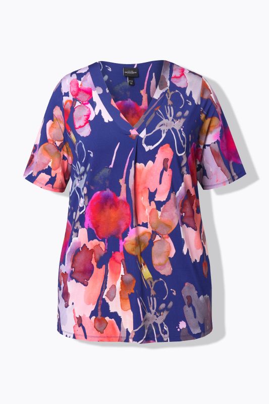 Watercolor Floral Short Sleeve V-Neck Slinky Blouse