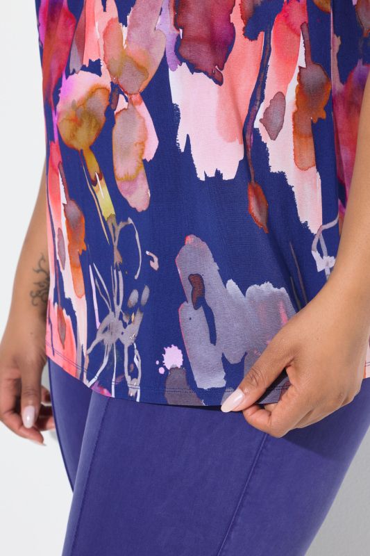 Watercolor Floral Short Sleeve V-Neck Slinky Blouse