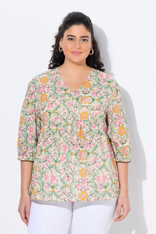 Shimmering Floral Print 3/4 Sleeve Blouse