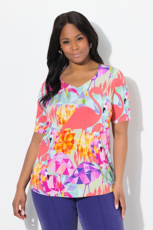 Flamingo Print Short Sleeve V-Neck Slinky Blouse