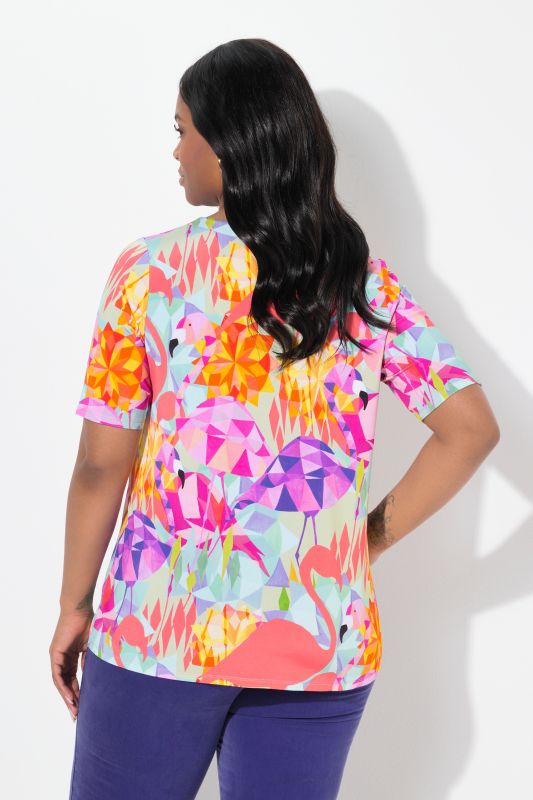 Flamingo Print Short Sleeve V-Neck Slinky Blouse