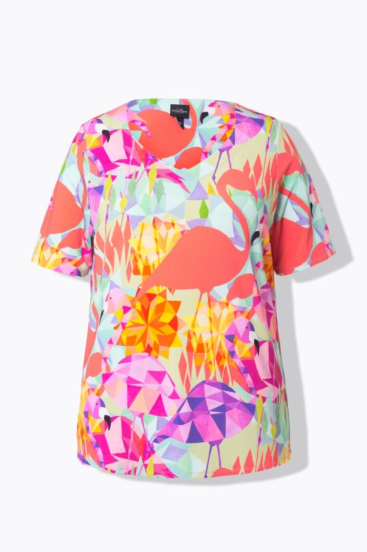 Flamingo Print Short Sleeve V-Neck Slinky Blouse