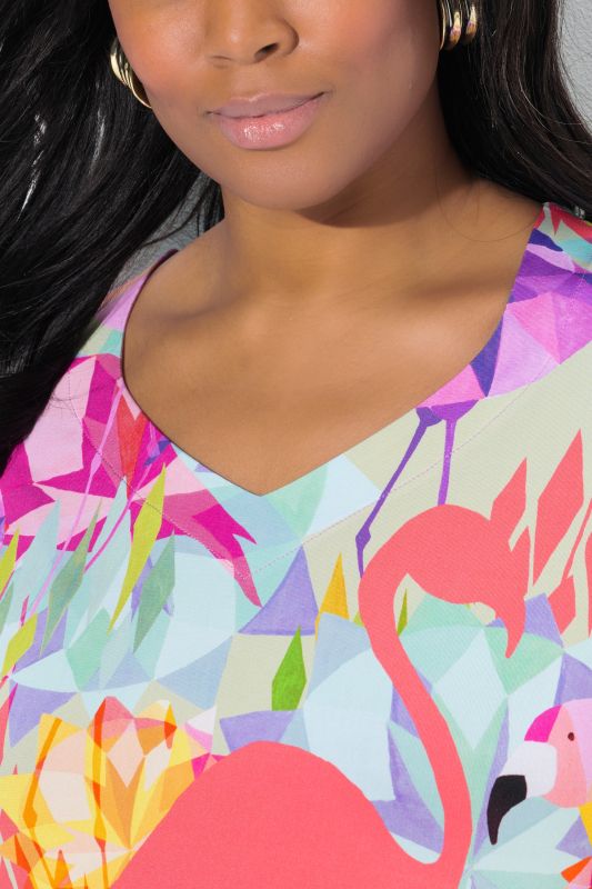 Flamingo Print Short Sleeve V-Neck Slinky Blouse