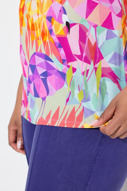 Flamingo Print Short Sleeve V-Neck Slinky Blouse