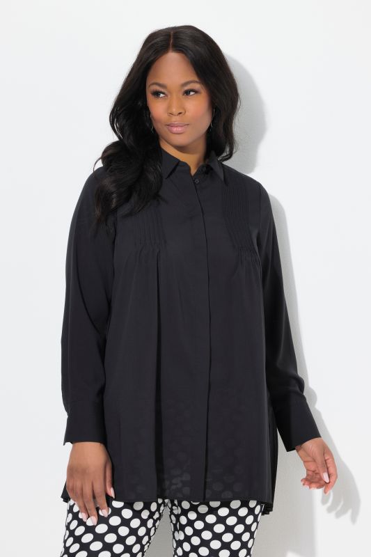 Pleated Long Sleeve Button Down Tunic Blouse