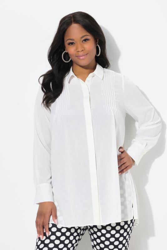 Pleated Long Sleeve Button Down Tunic Blouse