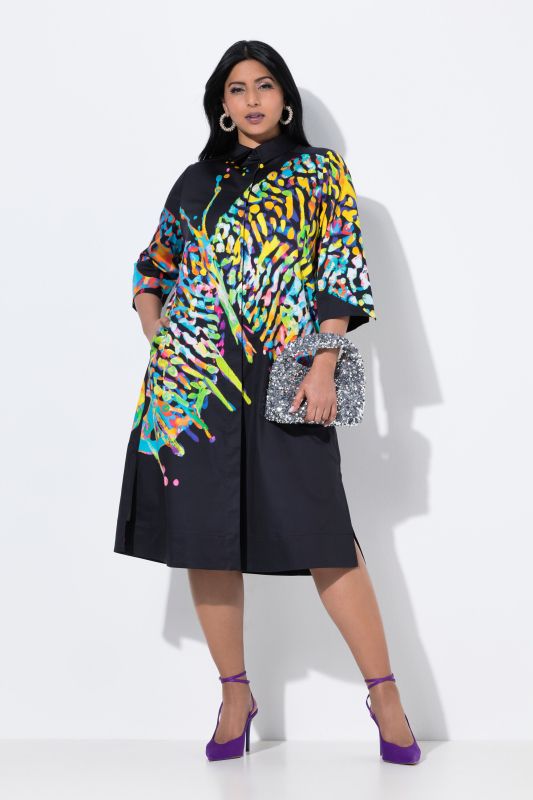 Butterfly Motif 3/4 Sleeve Button Down Dress