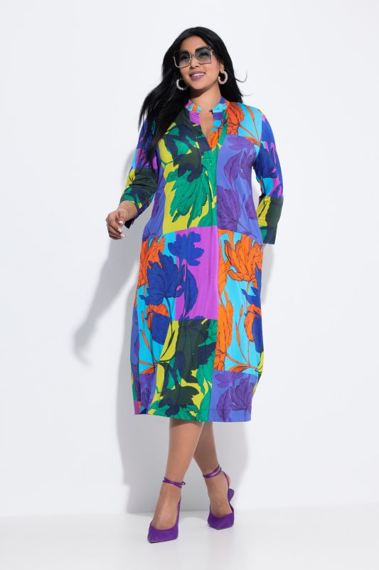 Patchwork Leaf Print 3/4 Sleeve Dress