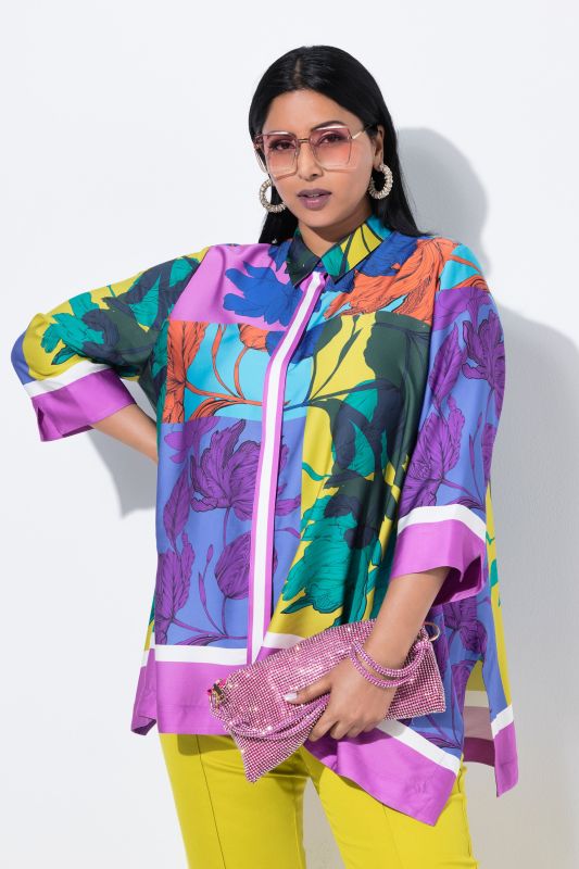 Patchwork Leaf Print Button Down Blouse