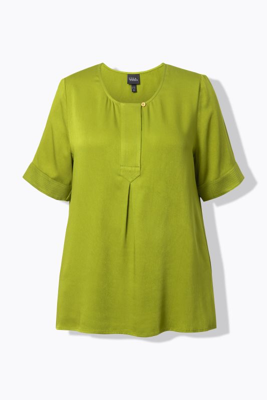 Quilted Placket Round Neck Short Sleeve Blouse