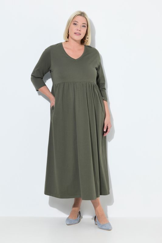 Cotton Knit V-Neck Empire A-line Pocket Dress