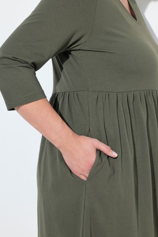 Cotton Knit V-Neck Empire A-line Pocket Dress